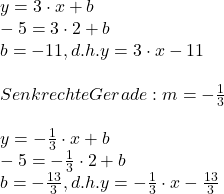 y = 3\cdot x +b\\ -5 = 3\cdot 2 + b\\ b = -11, d.h. y = 3\cdot x - 11\\ \\ Senkrechte Gerade: m = -\frac{1}{3}\\ \\ y = -\frac{1}{3}\cdot x +b\\ -5 = -\frac{1}{3}\cdot 2 + b\\ b = -\frac{13}{3}, d.h. y = -\frac{1}{3}\cdot x -\frac{13}{3} 